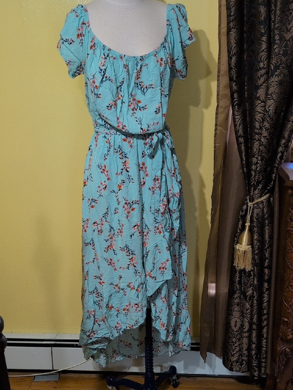 Xhilaration Aqua Floral High-Low Midi Dress